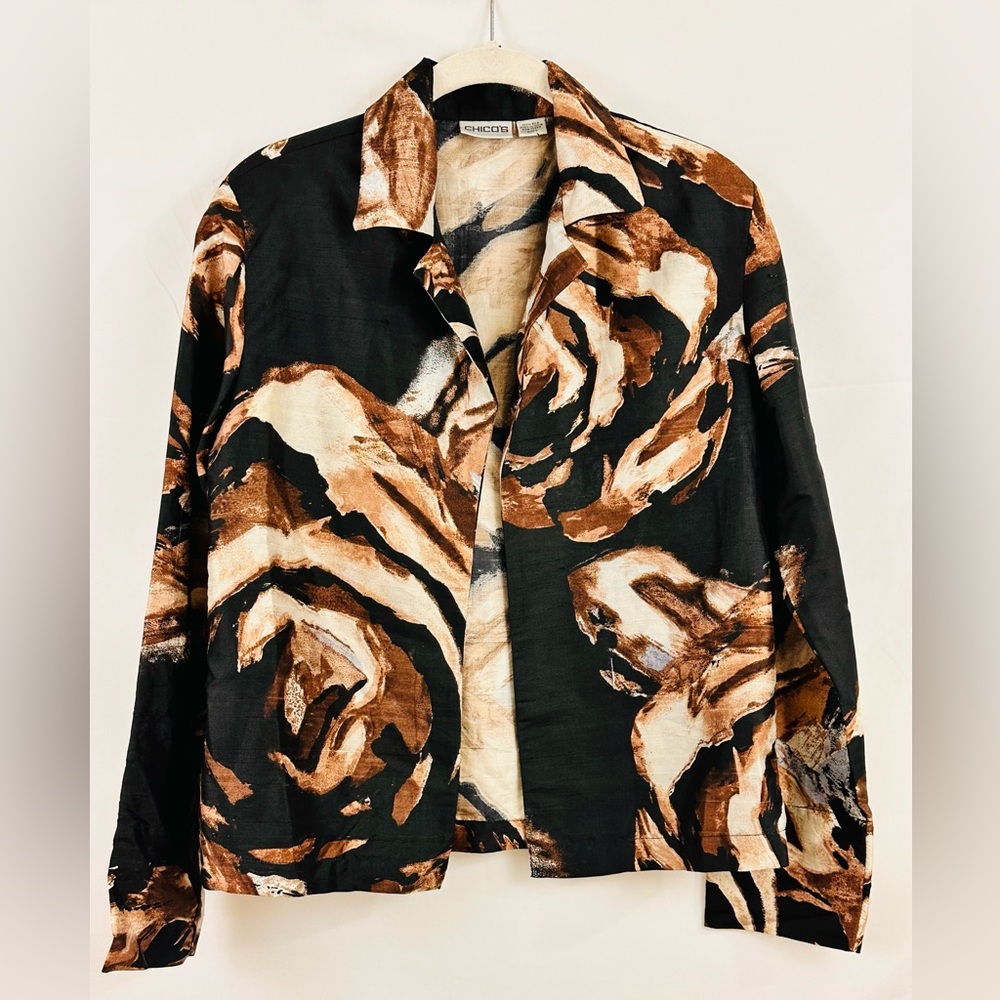 Chicos 100% Silk Black & Brown Lightweight Open Blazer Size 0 (Small)